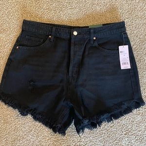 Mid-Rise Jean Shorts with Frayed Bottoms - Black. Size 14.